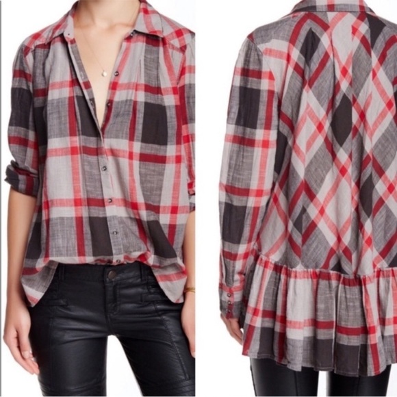 FREE PEOPLE Peppy In Plaid Button Down Shirt Bohemian Oversized XS B17 - Picture 1 of 8
